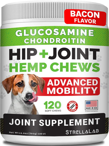 Hemp + Glucosamine Dog Joint Supplement - Hemp Chews For Dogs Hip Joint Pain Relief - Omega 3, Chondroitin, Msm - Advanced Mobility Hemp Oil Treats - Bacon Flavor - 120 Ct - Made In Usa