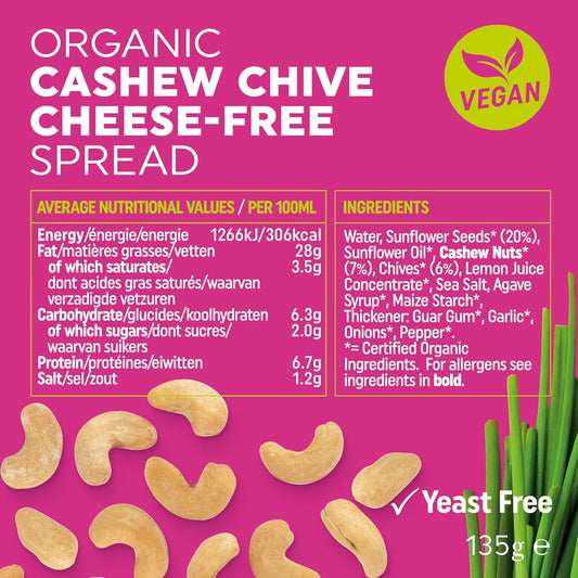 Bonsan Organic Cashew Chive Cheese-Free Spread 135g, Pack of 6 - Vegan Cream Cheese Alternative - Made from Cashews & Fragrant Chives - Yeast Free & GMO Free - for Sandwhiches & Dipping