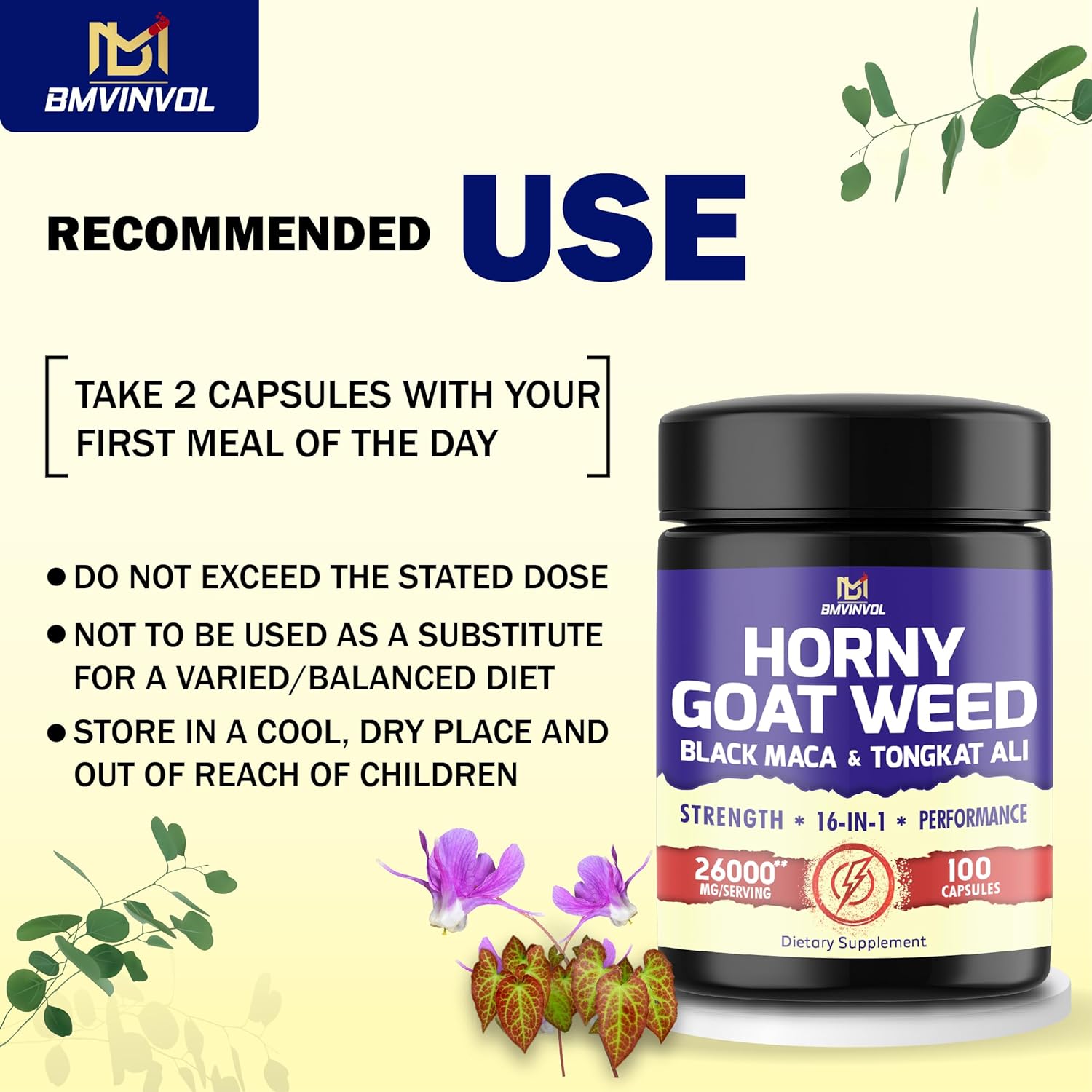 BMVINVOL 100 Capsules - Horny Goat Weed Supplement 26000mg with Black Maca, Tongkat Ali, Panax Ginseng, Ashwagandha & More - 16in1 Horny Goat Weed Capsules for Supports Performance and Energy Levels : Health & Household