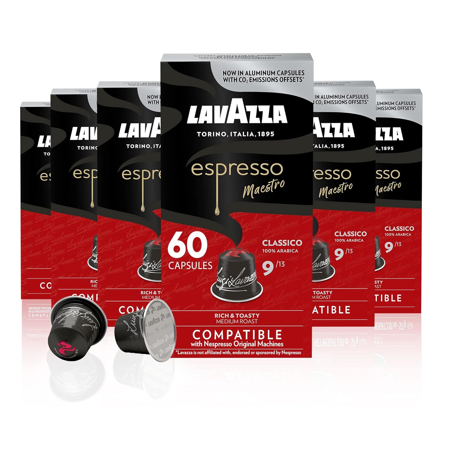 Lavazza Espresso Classico Medium Roast 100% Arabica Aluminum Capsules Compatible With Nespresso Original Machines 10 Count (Pack Of 6) ,Value Pack, Sweet And Balanced, Dark Crema, Intensity 9 13