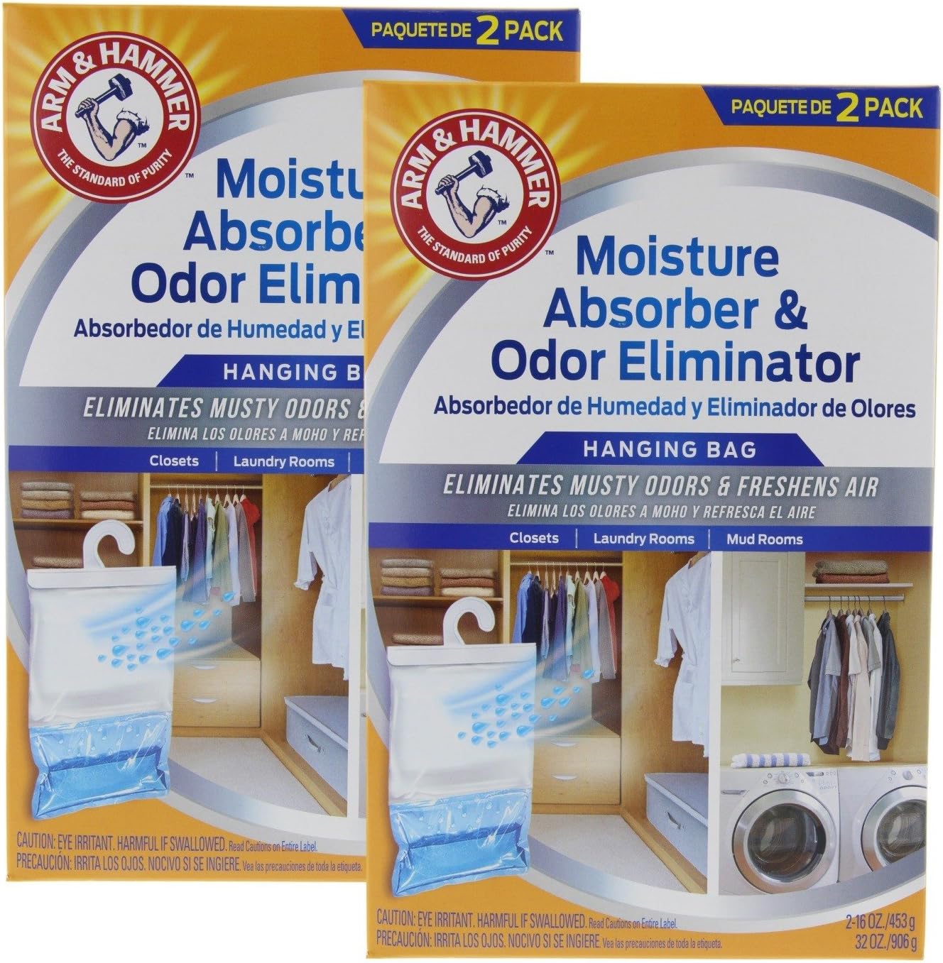 Arm & Hammer Moisture Absorber & Odor Eliminator, 453G Hanging Bag, 2 Pack (4 Bags Total), Passive Dehumidifier