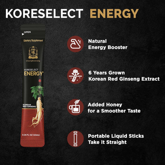 Energy [Korean Red Ginseng Extract Liquid Sticks] Natural Energy Booster for Men & Women, Immune Support, Focus, Productivity Brain Booster, 6 Years Old Asian Panax Ginseng - 10 Count