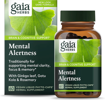 Gaia Herbs Mental Alertness - Brain Support Supplement To Help Maintain Focus & Memory* - With Eleuthero, Ginkgo Leaf, Gotu Kola, Rosemary & Oats - 60 Vegan Liq Phyto-Capsules (15-Day Supply)