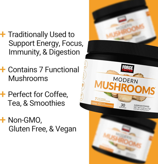 Force Factor Modern Mushrooms Powder, Mushroom Supplement To Support Energy, Focus, Immunity, & Digestion With Cordyceps, Turkey Tail, Chaga, Reishi, Lion’S Mane, Shiitake, Unflavored, 30 Servings