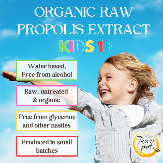 Raw Pot - Organic Raw Propolis Spray For Kids 1+ - Alcohol-Free Pure Unpasteurised Natural Bee Propolis Liquid For Sore Throat Relief, Children Immune Support, Immunity Supplement For Kids (20Ml)
