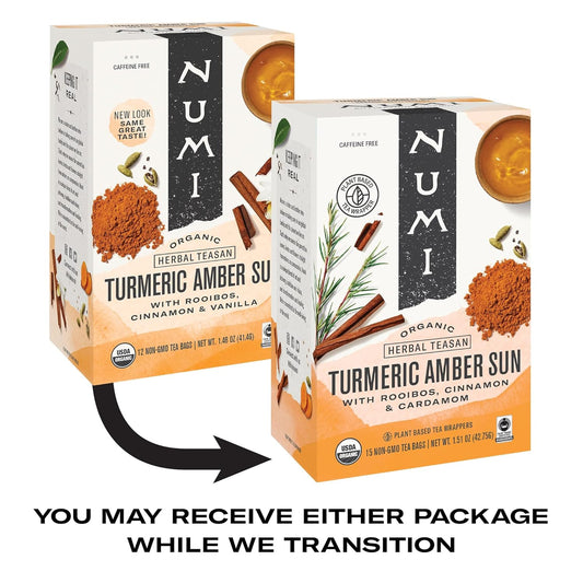 Numi Organic Amber Sun Turmeric Tea, 15 Tea Bags (Pack Of 3), With Rooibos & Spices, Herbal Tea (Packaging May Vary)