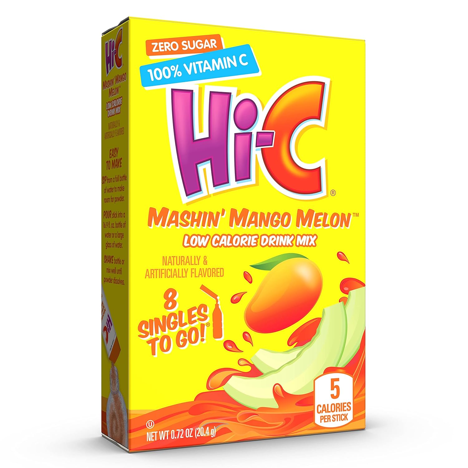 Hi-C Singles To Go Mashin' Mango Melon, Zero Sugar Powdered Drink Mix, Excellent Source Of Vitamin C, 8 Packets Per Box, 8 Count (Pack Of 12)