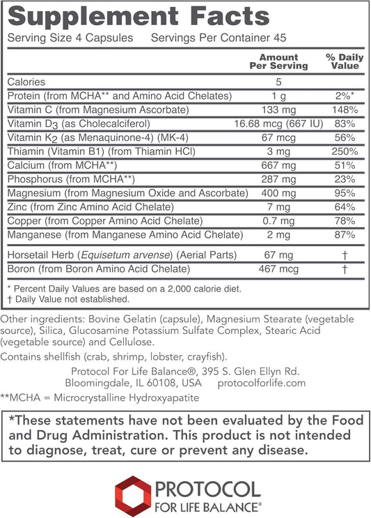 Protocol Bone Support Formula - For Bone Strength & Density* - With Calcium Hydroxyapatite, Boron & Phosphorus - Supplement For Teeth & Bone Health* - Dairy & Soy Free - 180 Caps