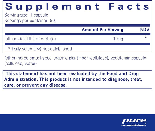 Pure Encapsulations Lithium (Orotate) 1 Mg | Support For Calmness And Behavior | 90 Capsules