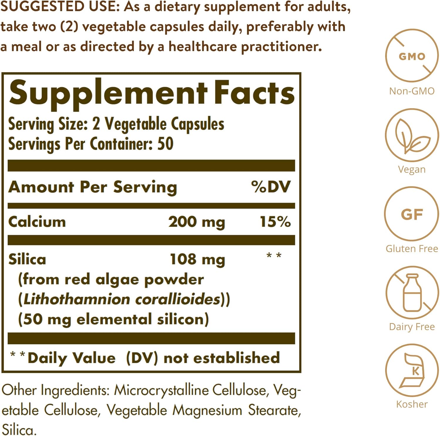 Solgar Oceanic Silica from Red Algae 25 mg, 100 Vegetable Capsules - Excellent Source of Calcium, Supports Bone Health - Non-GMO, Vegan, Gluten Free, Dairy Free, Kosher - 50 Servings : Health & Household