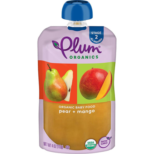 Plum Organics Stage 2 Organic Baby Food - Pear And Mango - 4 Oz Pouch (Pack Of 12) - Organic Fruit And Vegetable Baby Food Pouch