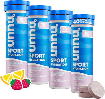 Nuun Sport Electrolyte Tablets - Dissolvable In Water, Strawberry Lemonade Flavor | 5 Essential Electrolytes For Hydration | 1G Sugar Drink Mix | Vegan, Non Gmo | 10 Count 4 Pack (40 Total Servings)