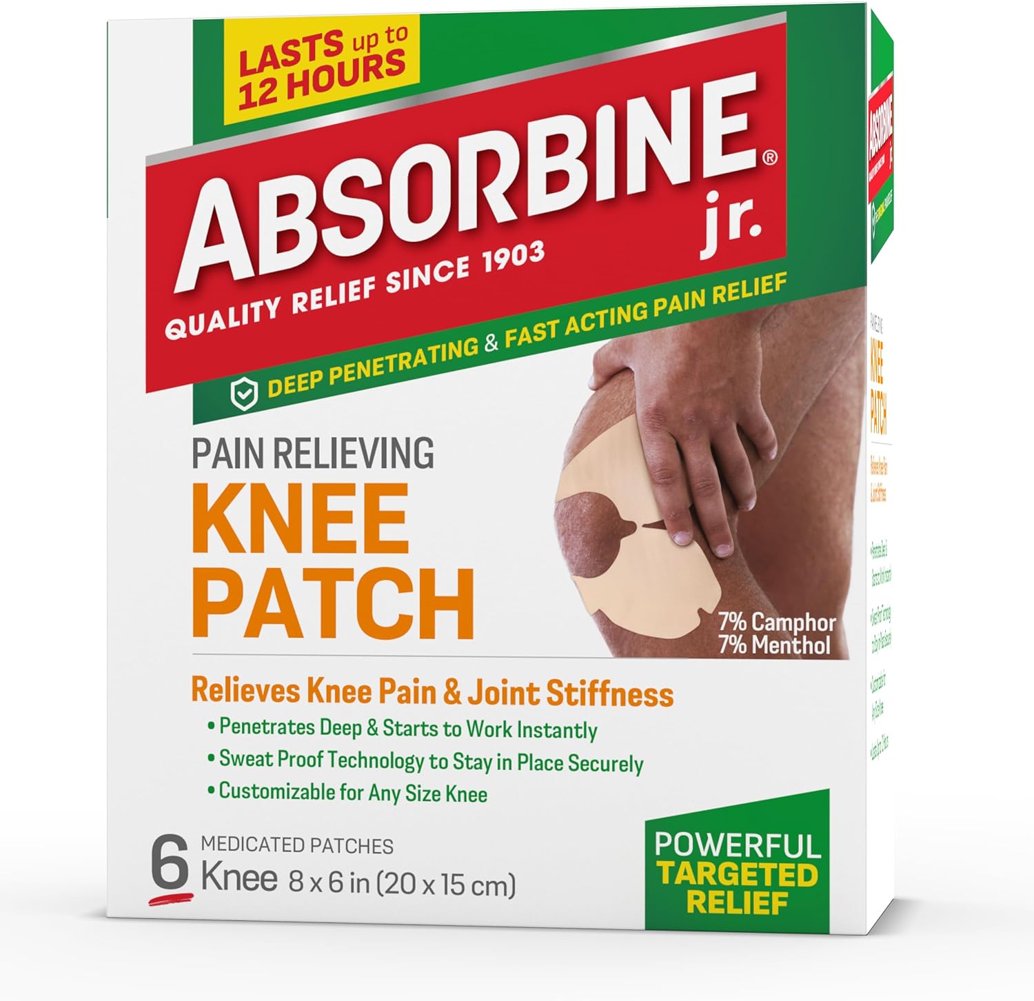 Absorbine Jr. Knee Pain Relief Patches, Pain Patch with Menthol for Knee Pain, Cramps and Joint Pain, 6 Count, White