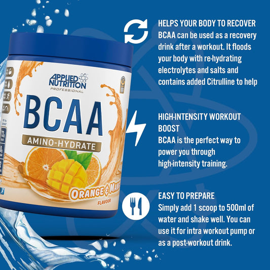 Applied Nutrition Bcaa Powder - Branched Chain Amino Acids Bcaas Supplement, Amino Hydrate Intra Workout & Recovery Energy Drink (450G - 32 Servings) (Orange & Mango)