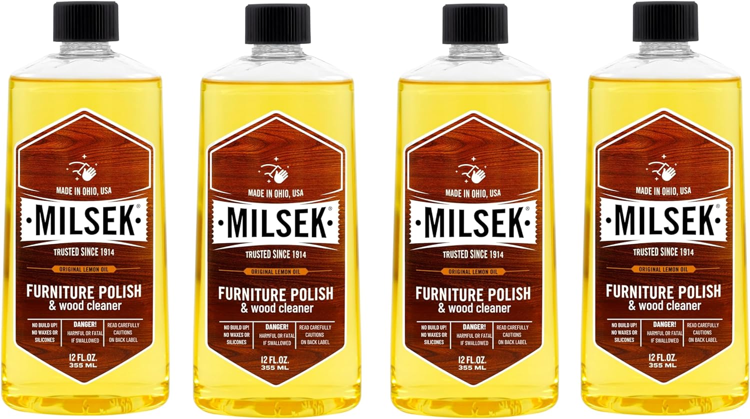 Milsek Furniture Polish and Multipurpose Cleaner Compatible with All Wooden Surfaces, Wick, Rattan,and Shower Door, Original Lemon Oil, 12 Fl Oz (4 Pack), Yellow, 48