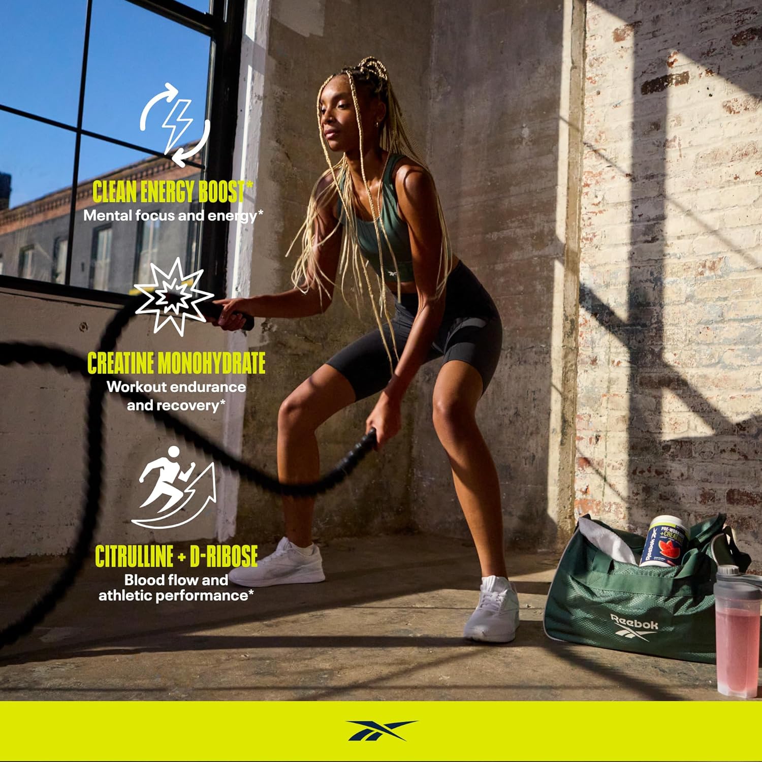Reebok Pre-Workout Powder | 200Mg Natural Caffeine, 3G Creatine Monohydrate, 4G Citrulline | Strength, Focus & Pump | Informed-Sport Certified | Reeenergize | Sour Green Apple : Health & Household