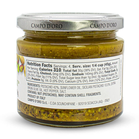 Pistachio Pesto, Paste, Unsweetened, Sicilian Pesto Sauce, Savory, Creamy, Spreadable, 6.35Oz, Sicily, Italy. By Campo D'Oro