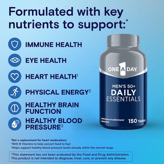 One-A-Day Men'S Multivitamin 50+ Daily Essentials | Multivitamin For Men 50 Plus Supports Immune Health, Healthy Brain Function & Physical Energy | Vitamins For Men With Vitamin C & Zinc, 150 Count