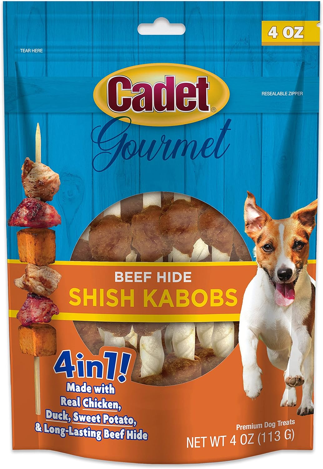 Cadet Gourmet Triple-Flavored Beef Hide Shish Kabob Dog Treats - Healthy & Natural Chicken, Duck, & Sweet Potato Dog Treats, 5 in. (4 oz.)