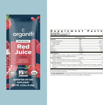 Organifi Red Juice - Energy Powder Reduces Afternoon Crashes And Boosts Digestion And Immune System, 15 Go Packets