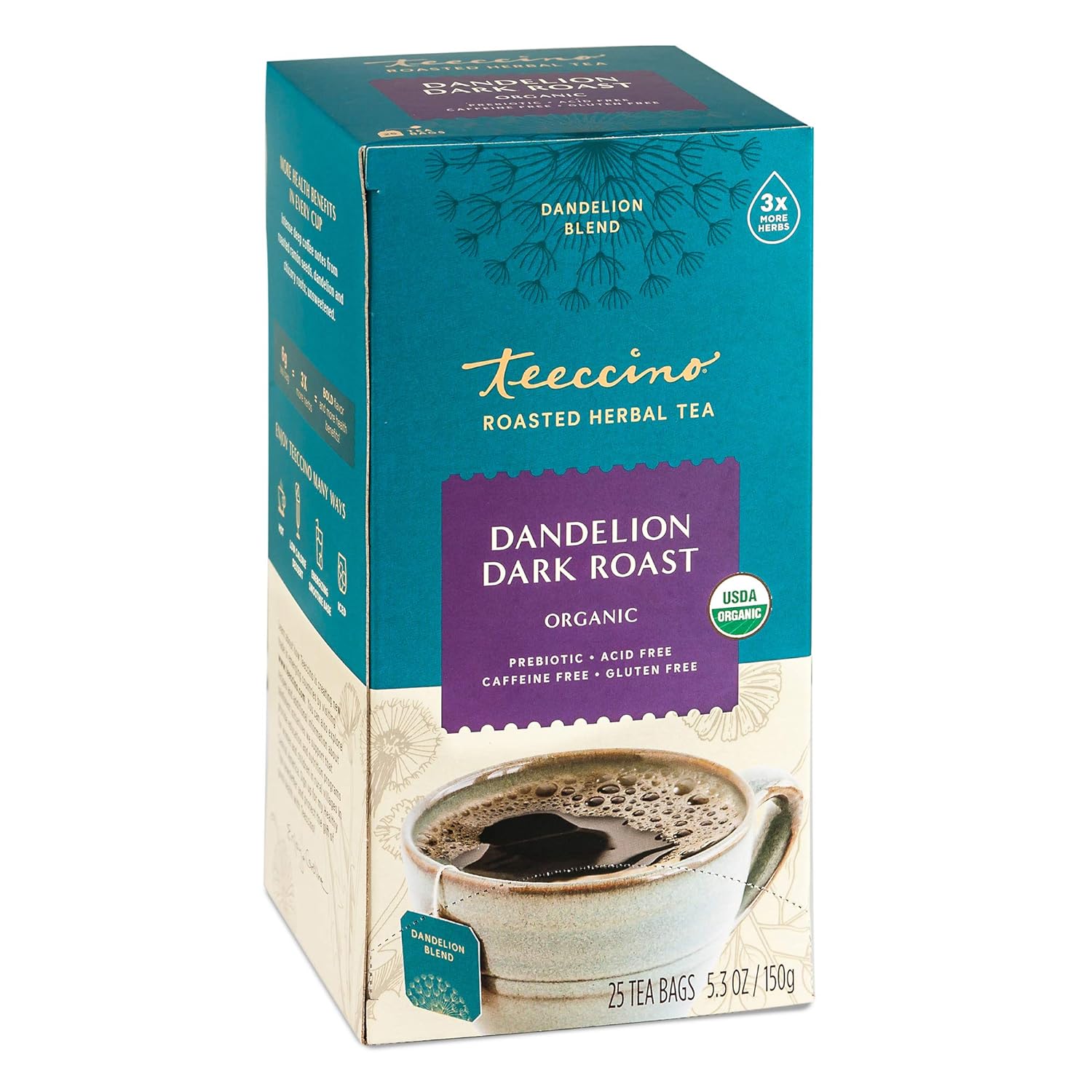 Teeccino Dandelion Herbal Tea - Dark Roast - Caffeine Free, Prebiotic, Gluten Free, 3X More Herbs - 25 Tea Bags