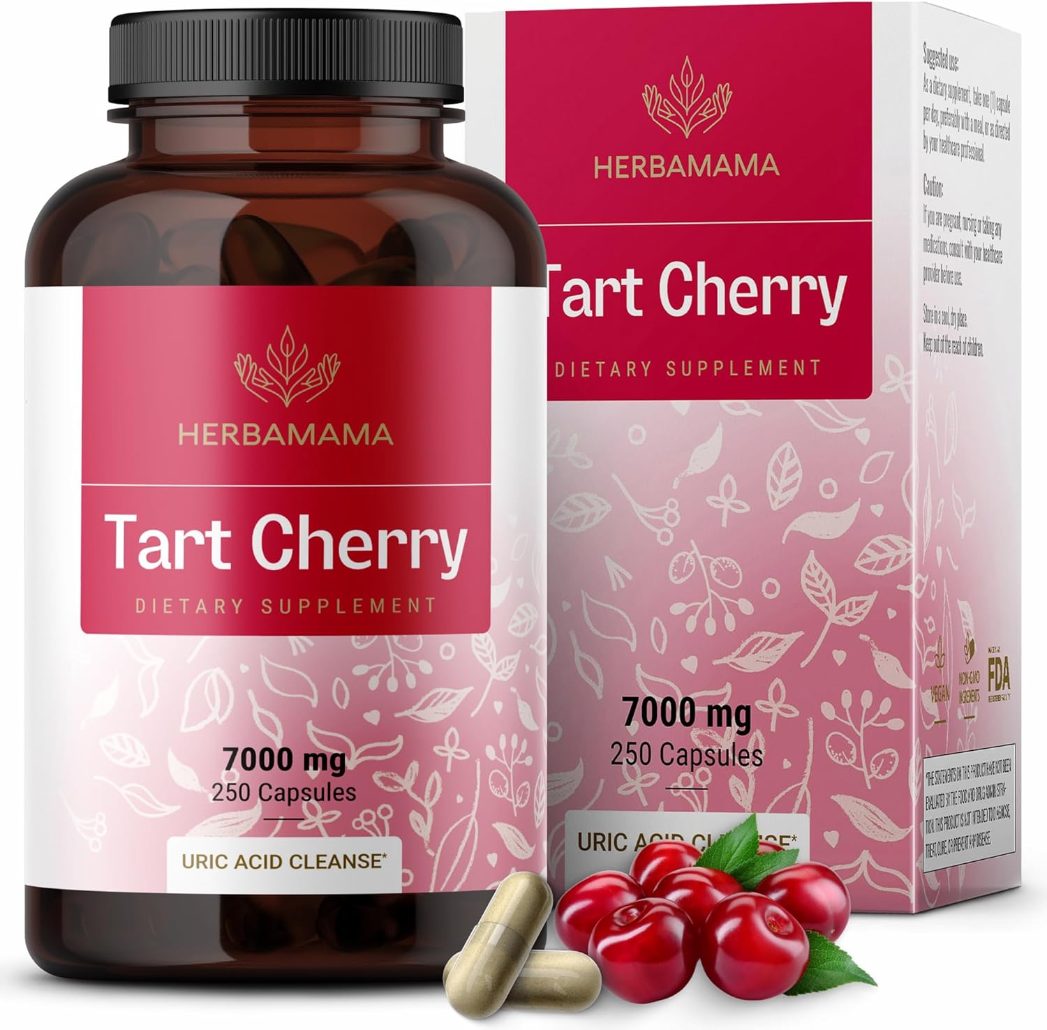 Herbamama Tart Cherry Extract Capsules - 7000 Mg Tart Cherry Powder Supplement - Nutritional Tart Cherry For Uric Acid Support - Vegan, Non-Gmo - 250 Caps