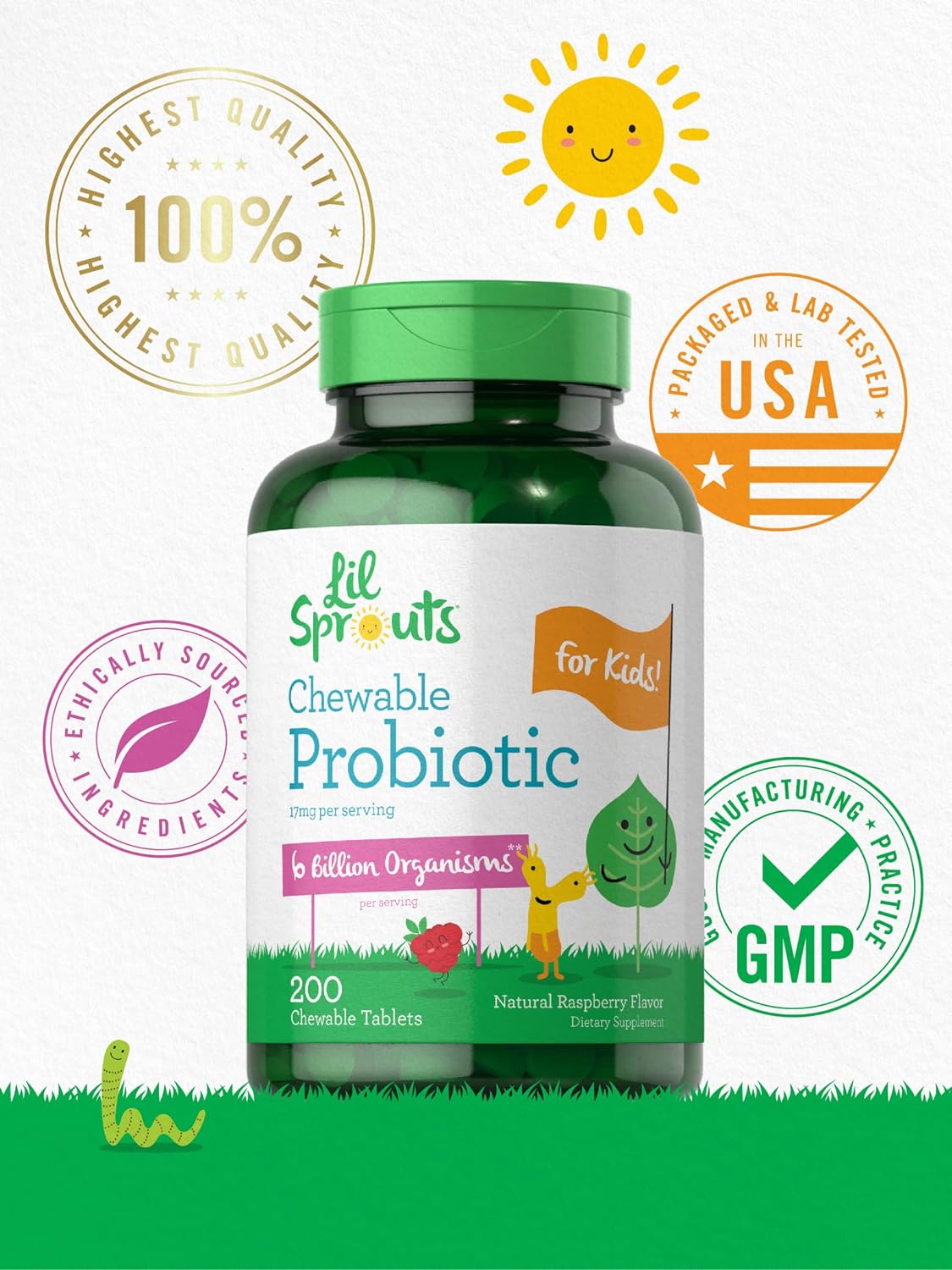 Carlyle Probiotics for Kids | 200 Chewable Tablets | 6 Billion CFUs | Raspberry Flavor | Non-GMO, Gluten Free Probiotics for Children | by Lil' Sprouts : Health & Household