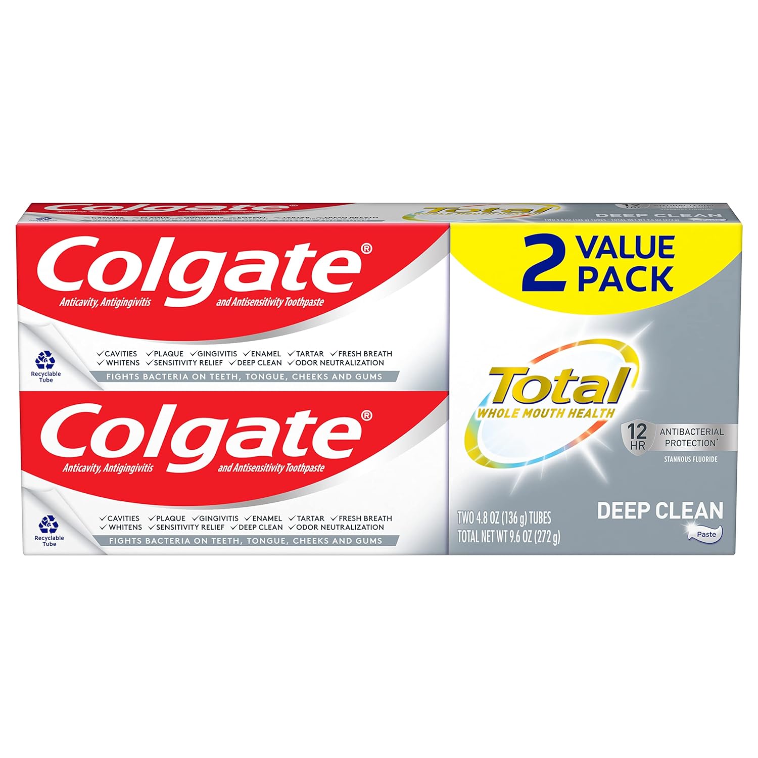 Colgate Total Toothpaste with Stannous Fluoride and Zinc, Multi Benefit Toothpaste with Sensitivity Relief and Cavity Protection, Deep Clean - 4.8 Ounce (Pack of 2)
