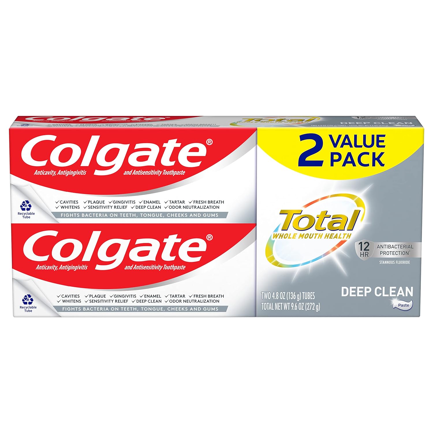 Colgate Total Toothpaste With Stannous Fluoride And Zinc, Multi Benefit Toothpaste With Sensitivity Relief And Cavity Protection, Deep Clean - 4.8 Ounce (Pack Of 2)