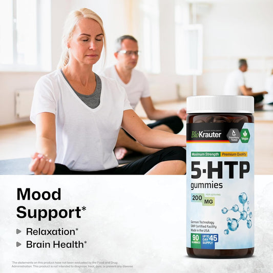 Bio Krauter 5 Htp Supplement Gummies - 200 Mg Strength - 90 Vegan Chews - Relaxation Support 5Htp Plus L Tryptophan Supplement - Pectin Based Formula