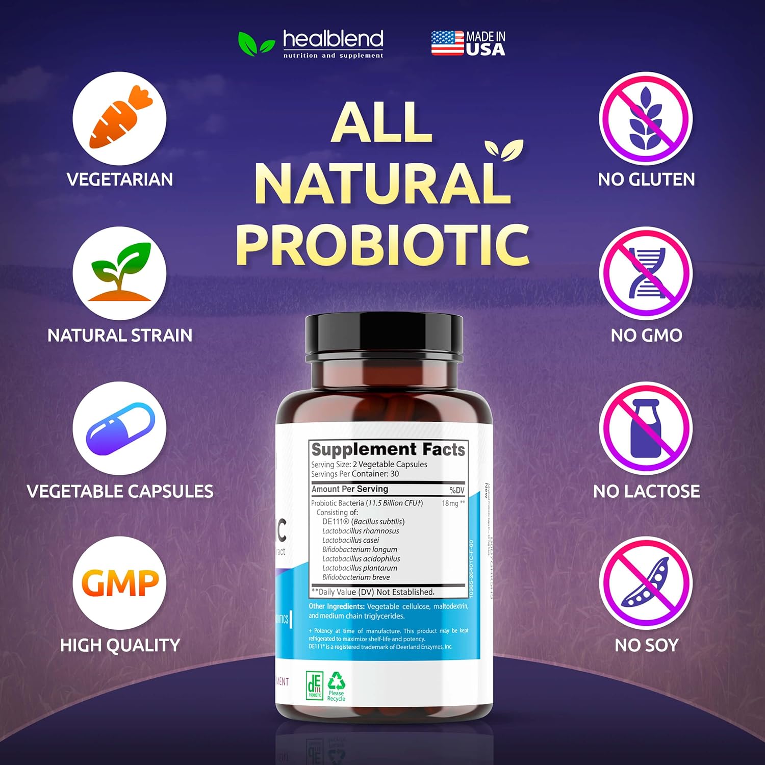 Probiotics For Digestive Health, 11.5 Billion Cfu Per Serving: De111, Lactobacillus, Bifidobacterium, Acidophilus Probiotic Supplement, Bloating, Gas And Constipation Relief, 60 Capsules : Health & Household