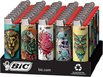 Bic Maxi Pocket Lighter, Special Edition Tattoos Collection, Assorted Unique Lighter Designs, 50 Count Tray Of Lighters