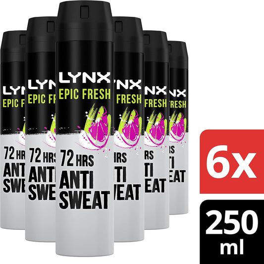 Lynx Epic Fresh Anti-Perspirant Aerosol Men's Deodorant Spray with ProScent technology and a grapefruit & tropical pineapple scent for 72 hours protection against odour and wetness 6x 250 ml : Amazon.co.uk: Beauty