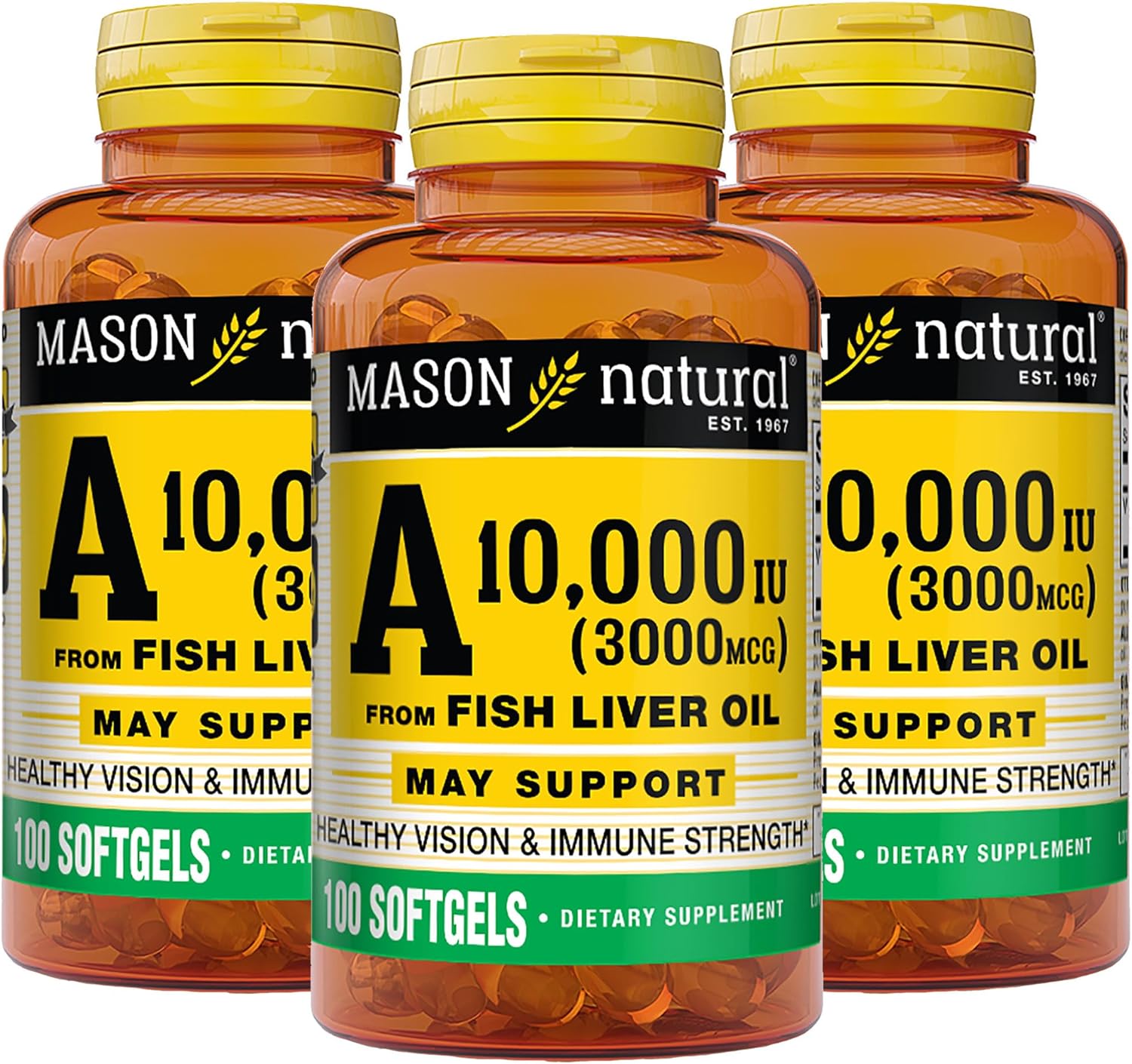 MASON NATURAL Vitamin A 3,000 mcg 10000 IU from Fish Liver Oil, Promotes Healthy Vision, Supports a Healthy Immune System, Essential Nutrient, Softgels, Yellow, 100 Count, Pack of 3