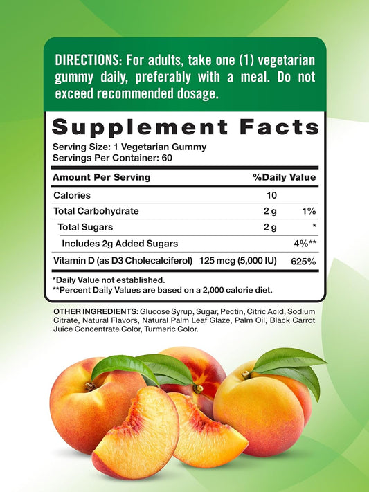 Nature'S Truth Vitamin D3 Gummies | 5000 Iu | 60 Count | Peach Flavor | Vegetarian, Non-Gmo & Gluten Free Supplement