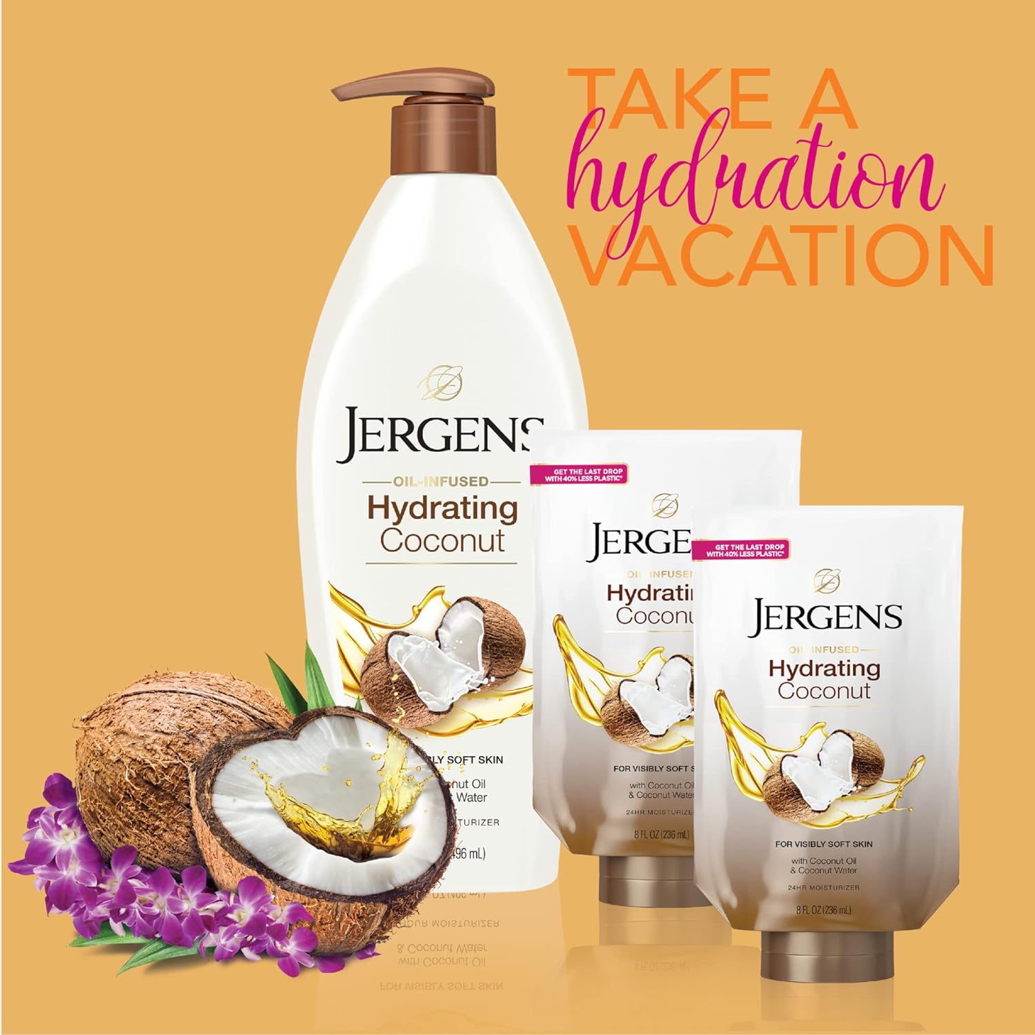 Jergens Coconut Oil-Infused Hand and Body Moisturizer, Soothing Full-Body Moisture, with Hydrating Coconut, Oil-Infused Lotion, 16.8 oz plus 2 - 8 oz Refills, 3 Piece set