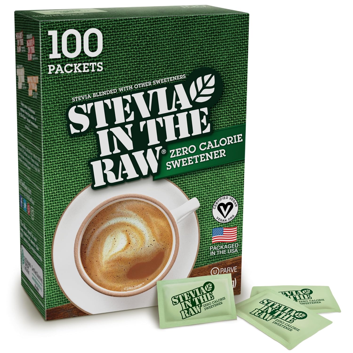 Stevia In The Raw, Plant Based Zero Calorie, No Erythritol, Sugar Substitute, Sugar-Free Sweetener For Coffee, Hot & Cold Drinks, Suitable For Diabetics, Vegan, Gluten-Free, 100Count Packets (1 Pack)