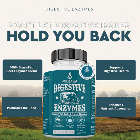 Ancestral Supplements Digestive Enzymes For Women & Men, 90 Capsules, With Probiotics And Grass Fed Beef Organs, Supports Gut Health, Digestive Health & Nutrient Absorption, Allergen Free, Non Gmo