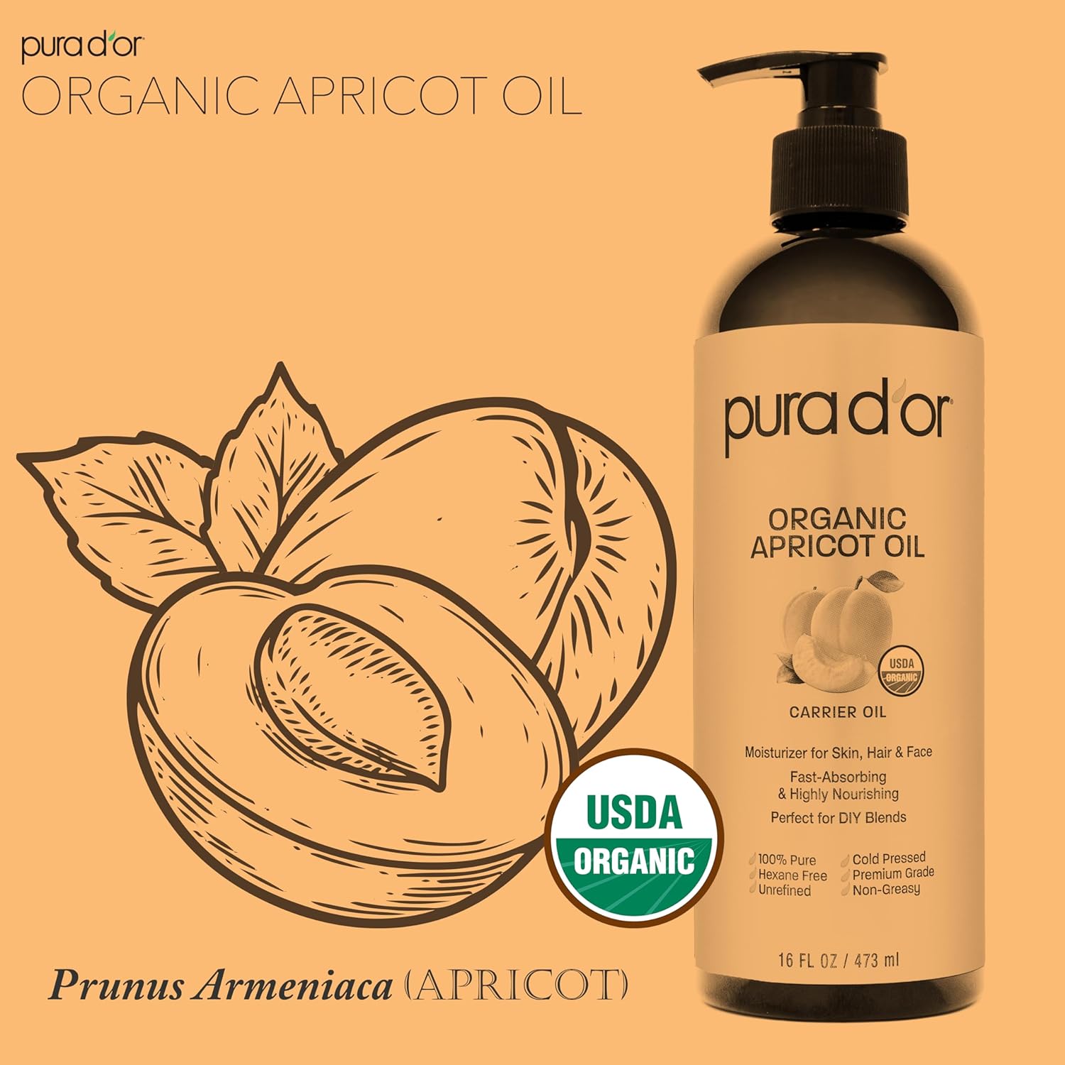PURA D'OR 16 Oz ORGANIC Apricot Kernel Oil - 100% Pure & Natural USDA Certified Cold Pressed Carrier Oil - Antioxidant & Vitamin E Rich Moisturizer for Natural Glow & Softness - Face, Skin & Hair : Beauty & Personal Care