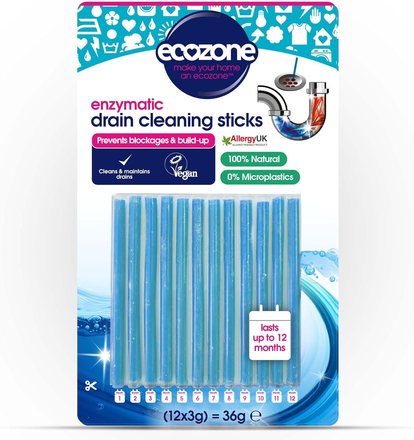 Ecozone Drain Cleaning Sticks, Enzymatic Pipe Unblocker, Prevents Plug Hole Obstructions & Keeps Water Flowing Freely, Natural Vegan & Non Toxic Kitchen & Bathroom Treatment Kit (X 12, 1 Year Supply)
