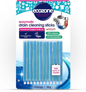 Ecozone Drain Cleaning Sticks, Enzymatic Pipe Unblocker, Prevents Plug Hole Obstructions & Keeps Water Flowing Freely, Natural Vegan & Non Toxic Kitchen & Bathroom Treatment Kit (X 12, 1 Year Supply)