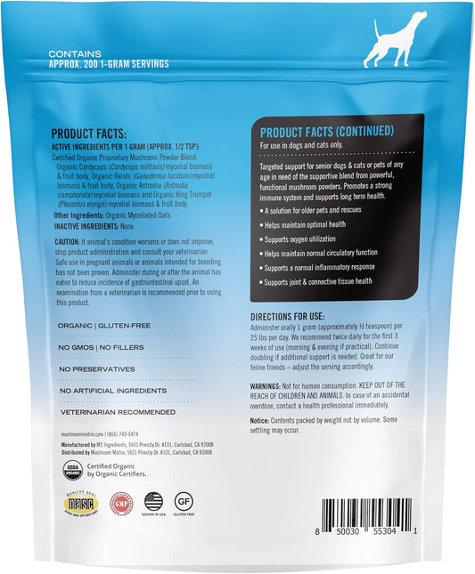 Om Mushroom Matrix Pet - Canine | Maximum Recovery | Usa Grown Human-Grade Organic Mushroom Powder Pet Supplement | Optimal Health & Senior Care For Dogs & Cats | 200 Grams, 7.1 Oz