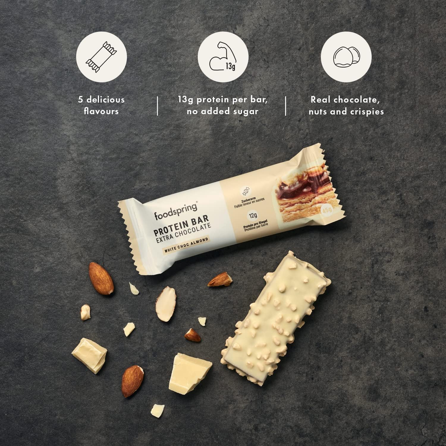 foodspring New Extra Chocolate Protein Bars - 13g protein per bar, no added sugar, nutritious post-workout or on-the-go snack - White Chocolate Almond - 45g, no of items: 12 : Amazon.co.uk: Grocery