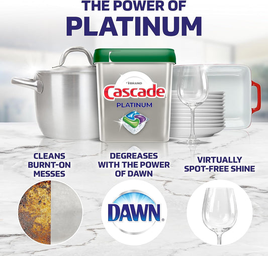 Cascade Platinum Dishwasher Soap Pods, Actionpacs + Oxi with Dishwasher Cleaner and Deodorizer Action, Fresh, 62 Count of Dish Detergent Pods