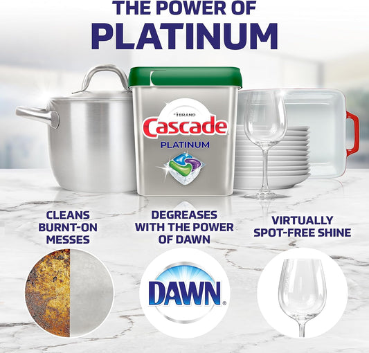 Cascade Platinum Dishwasher Pods, Detergent, Soap Pods, Actionpacs With Dishwasher Cleaner And Deodorizer Action, Fresh, 62 Count