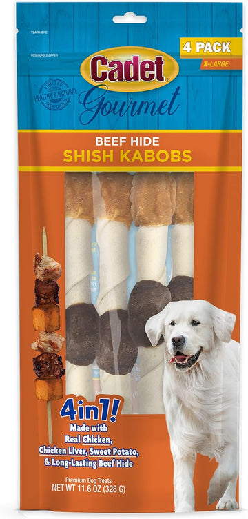 Cadet Gourmet X-Large Triple-Flavored Beef Hide Shish Kabob Dog Treats - Healthy & Natural Chicken, Liver, and Sweet Potato Dog Treats for Dogs Over 30 Lbs., 10 in. (4 Count)