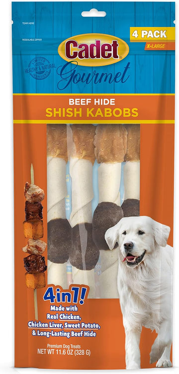 Cadet Gourmet Shish Kabob Dog Treats For Large Dogs, Healthy & Natural Chicken & Sweet Potato Chew Sticks, Beef Hide, Extra Large 10 Inch, 4 Count (Pack Of 1)