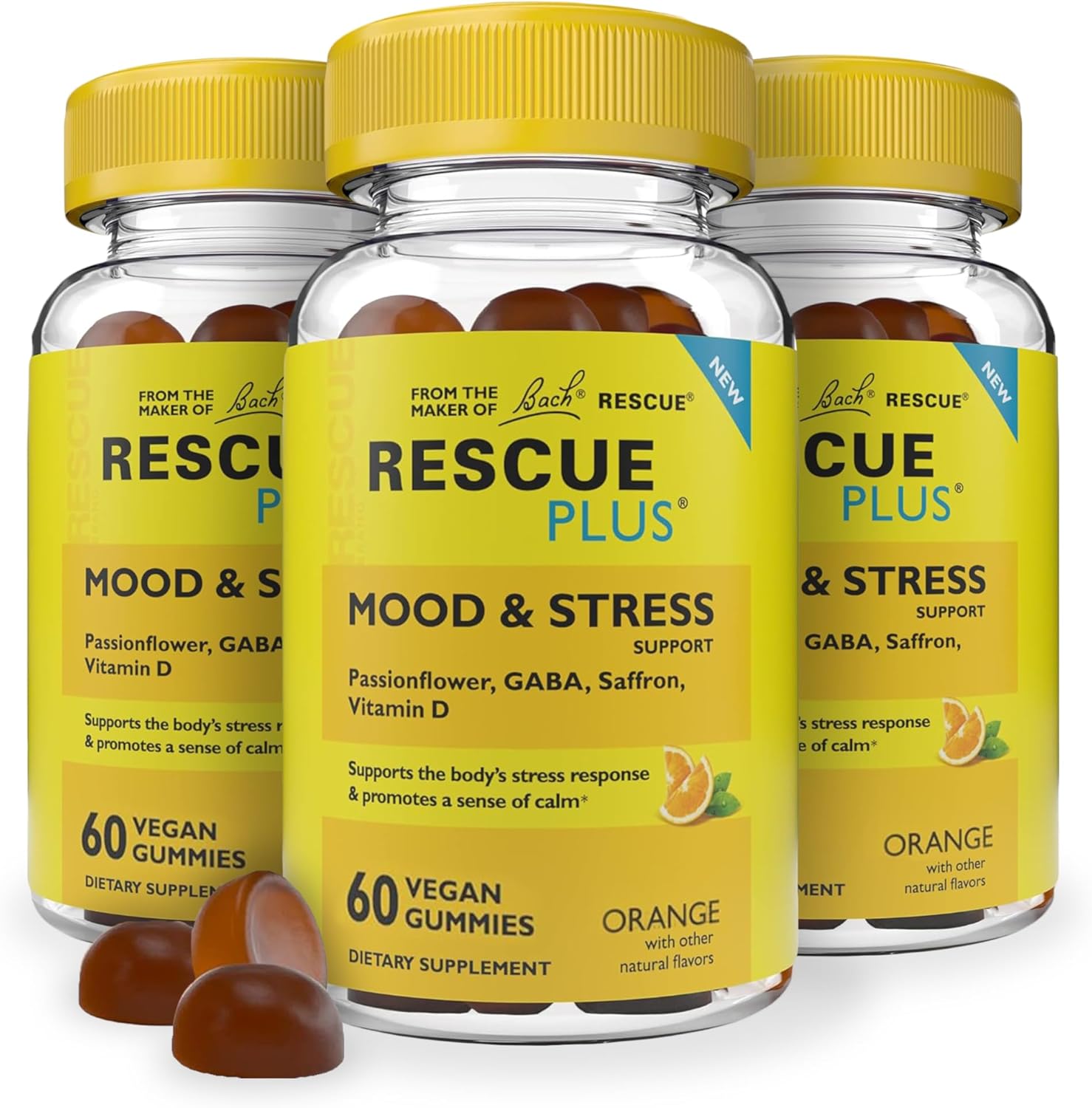 Rescue Bach Plus Mood & Stress Support Gummies, Daytime Dietary Supplement With Passionflower, Gaba, Saffron & Vitamin D, Natural Orange Flavor, Vegan & Gluten-Free, 3 Pack, 180 Count Total