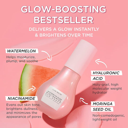 Glow Recipe Mini Niacinamide Dew Drops Facial Serum & Illuminating Makeup Primer (15 Ml) + Mini Watermelon Glow Pink Juice Hydrating Face Moisturizer (25 Ml)