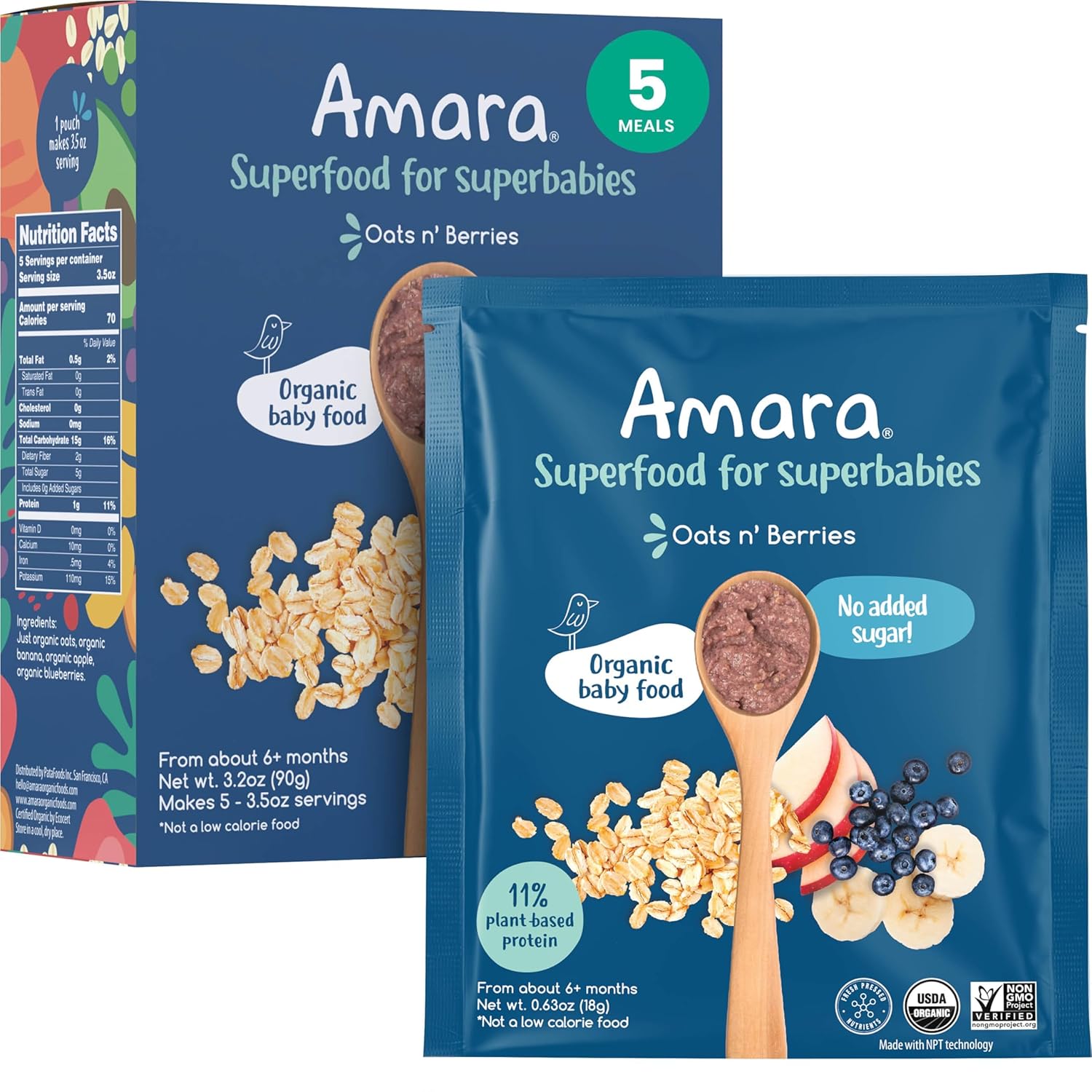 Amara Organic Baby Food - Stage 2 - Oats & Berries - Baby Cereal To Mix With Breastmilk & Water - Shelf Stable Baby Food Pouches Made From Organic Fruit And Veggies - 5 Pouches, 3.5Oz Per Serving